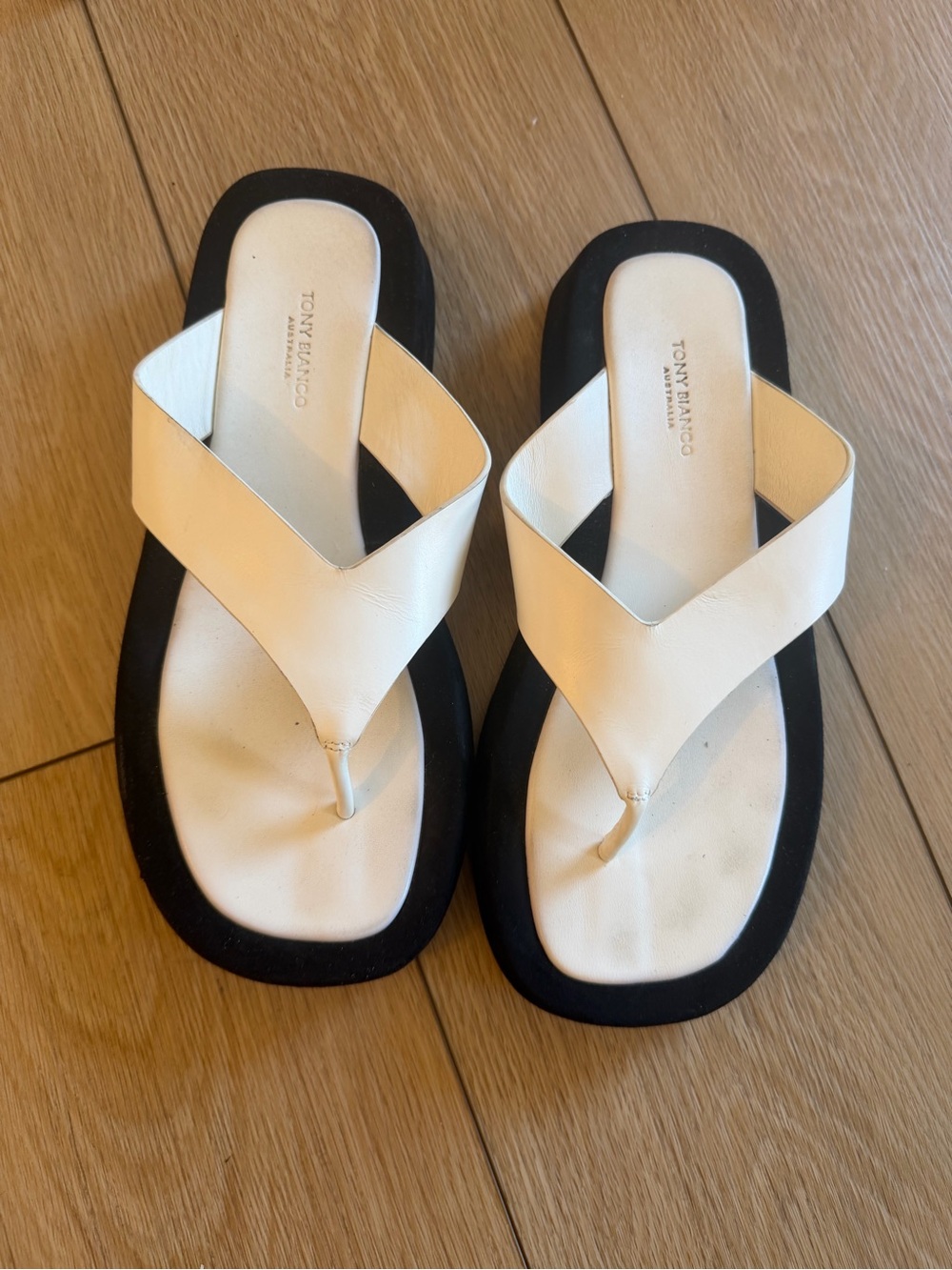 Tony Bianco White Thong Sandals with Black Sole